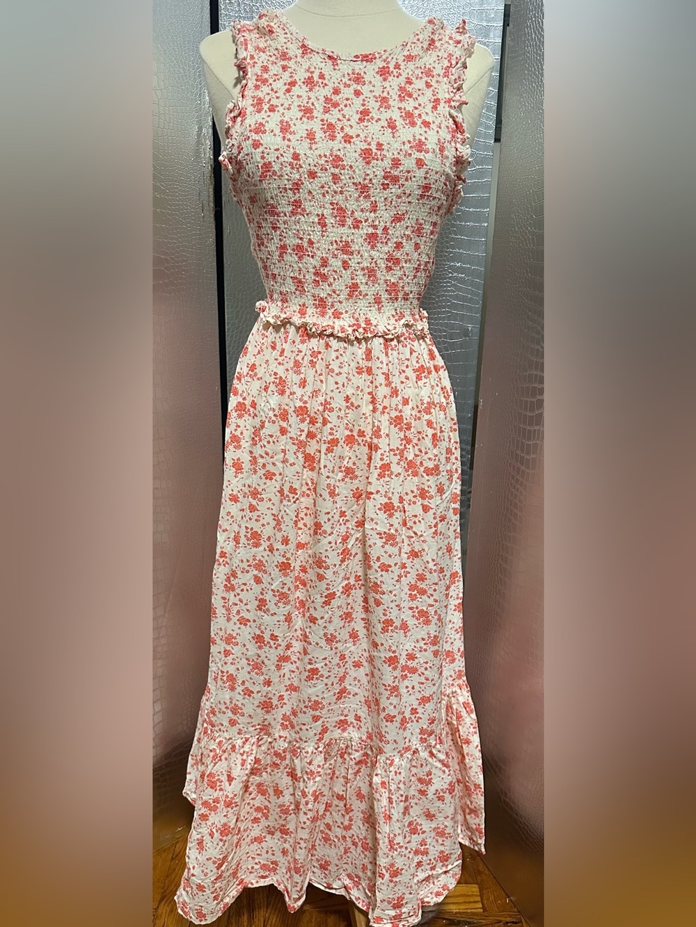 ASOS DESIGN White Pink White SmockTop Maxi Dress Lace-Up Back Ruffle Tier Skirt